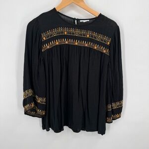 J Jill Black Embroidered Peasant Top Womens S Folk‎ Festival Hippie Retro Flowy